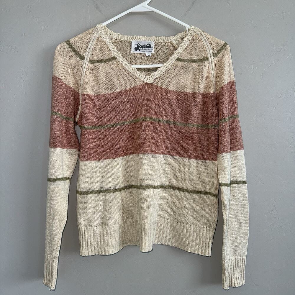Vintage Hewlett Woman’s V-neck Sweater Sz S Silk Acrylic Blend Pink Beige Stripe - Picture 4 of 5